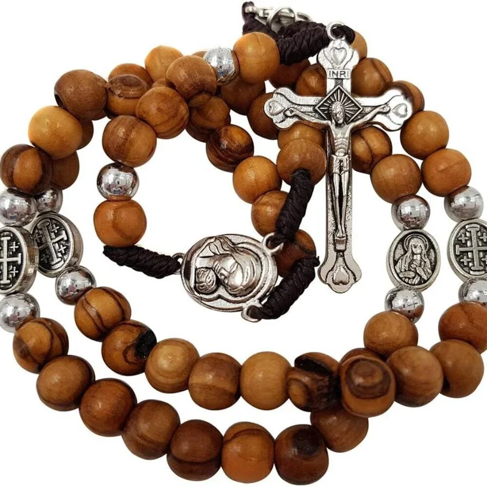 Olive Wood Beads Catholic Rosary Jerusalem Holy Soil Certificate in Blue Pouch - Picture 1 of 5
